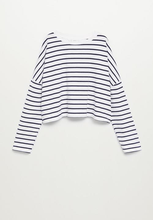 MANGO - Stripes long sleeve crop top - white & navy 