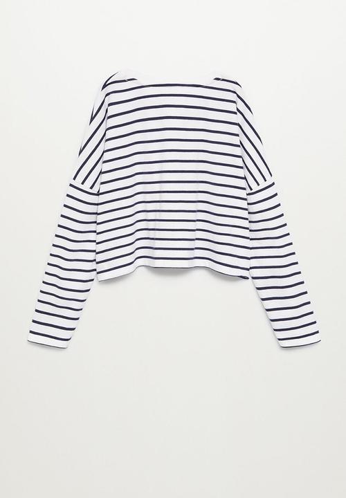 MANGO - Stripes long sleeve crop top - white & navy 