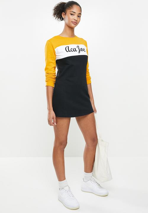 Aca Joe - Colourblock crew terry dress - mustard & black