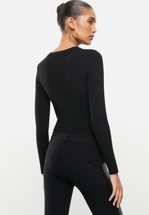 SISSY BOY - Azalea: basic crew neck knit with front neck zip detail and bling logo - black