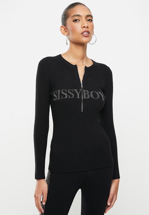 SISSY BOY - Azalea: basic crew neck knit with front neck zip detail and bling logo - black
