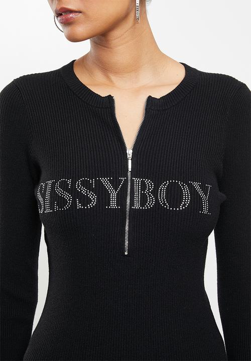 SISSY BOY - Azalea: basic crew neck knit with front neck zip detail and bling logo - black
