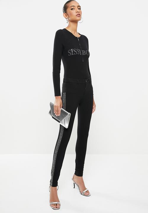 SISSY BOY - Azalea: basic crew neck knit with front neck zip detail and bling logo - black