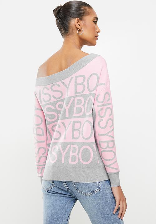 SISSY BOY - Rekon: off the shoulder monchrome logo knitwear - pink & grey