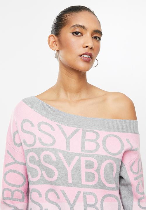 SISSY BOY - Rekon: off the shoulder monchrome logo knitwear - pink & grey