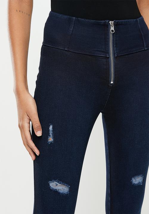 SISSY BOY - High rise knit & denim combo with rips - dark blue