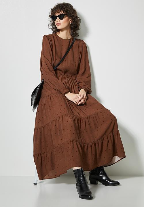 Superbalist - Long sleeve tiered dress - brown 