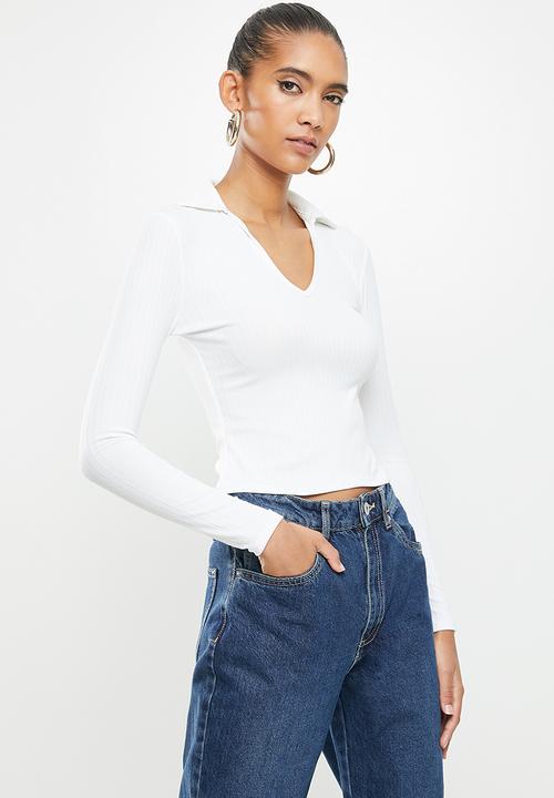 Blake - Rib polo top - white