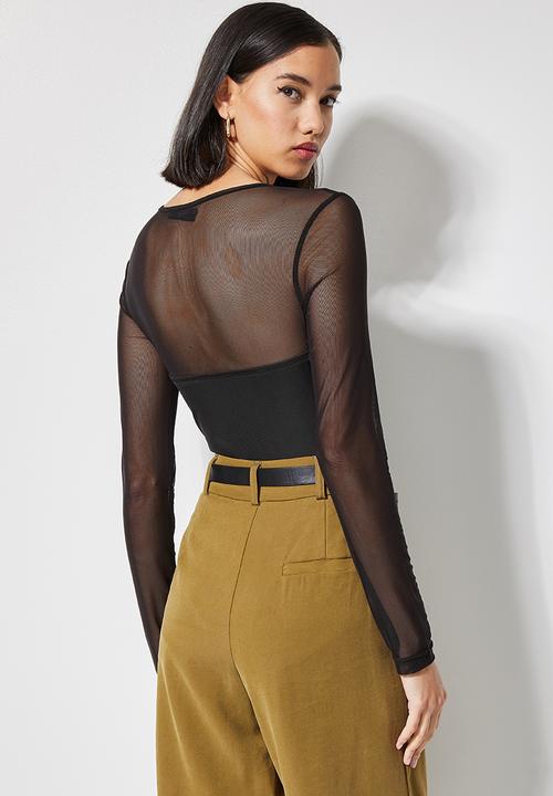 VELVET - Sculpted corset mesh combo bodysuit - black