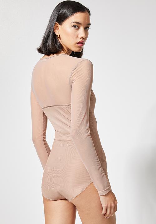 VELVET - Sculpted corset mesh combo bodysuit - dusty pink