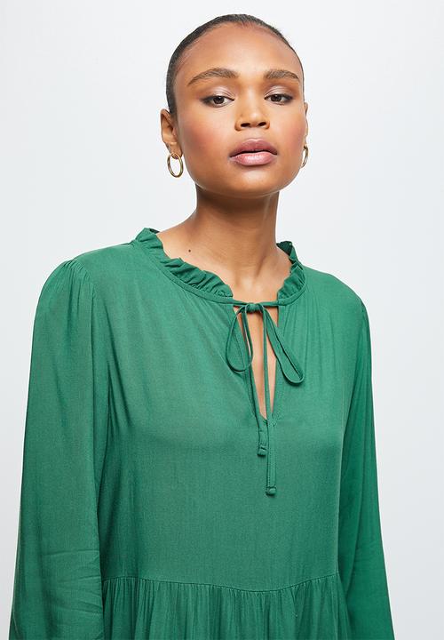 MILLA - Peached woven piecrust tiered midi dress - green 