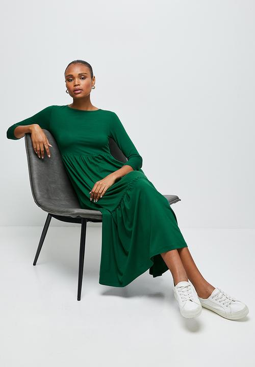 edit - Round neck tiered frill midi - dark green