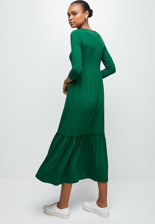 edit - Round neck tiered frill midi - dark green