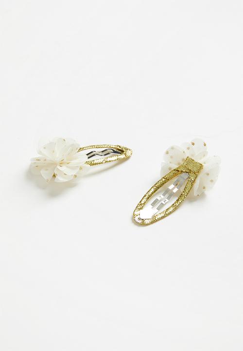 Pop Candy - Girls flower hair clips - white & gold