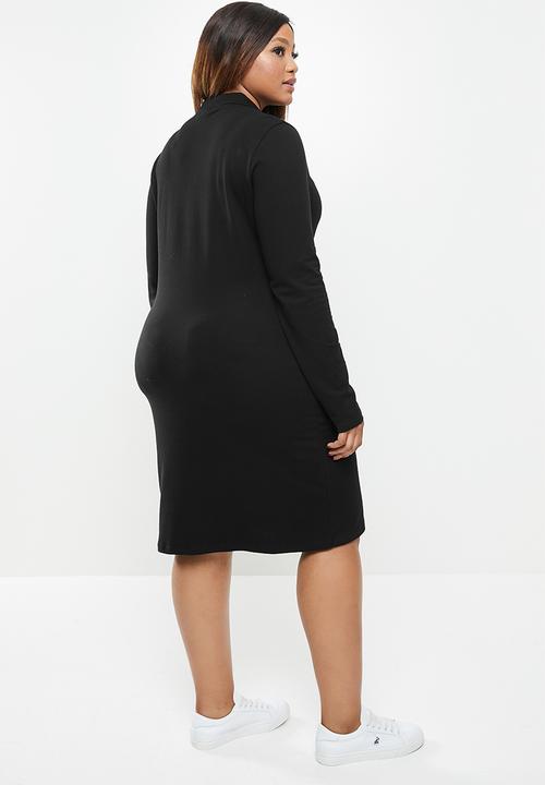 POLO - Plus renni exclusive long sleeve rhinestone golfer dress - black