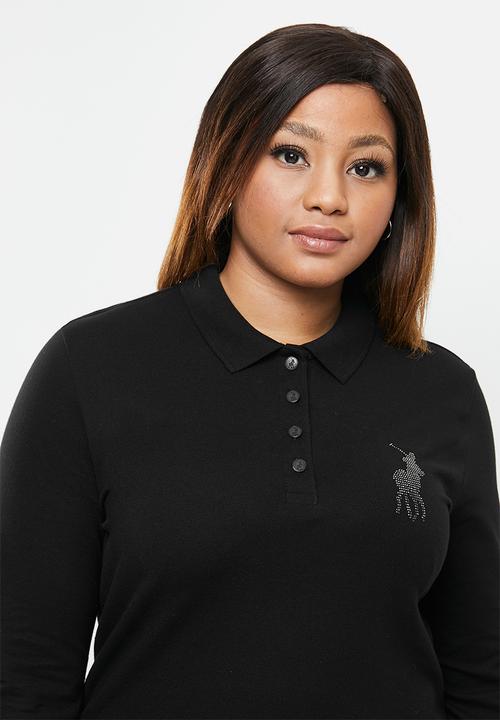 POLO - Plus renni exclusive long sleeve rhinestone golfer dress - black