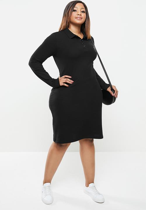 POLO - Plus renni exclusive long sleeve rhinestone golfer dress - black