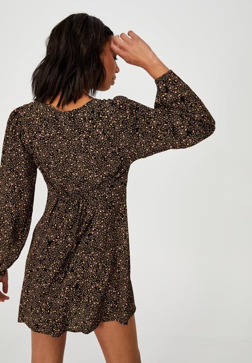 Cotton On - Woven long sleeve essential tie back tea dress - ashley ditsy black