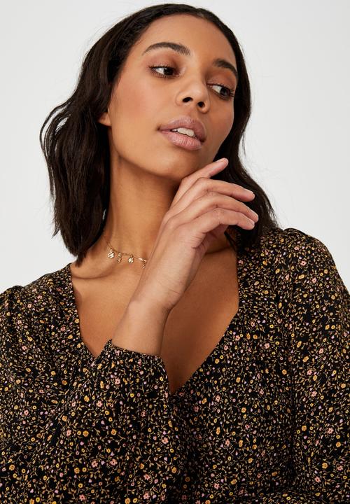 Cotton On - Woven long sleeve essential tie back tea dress - ashley ditsy black