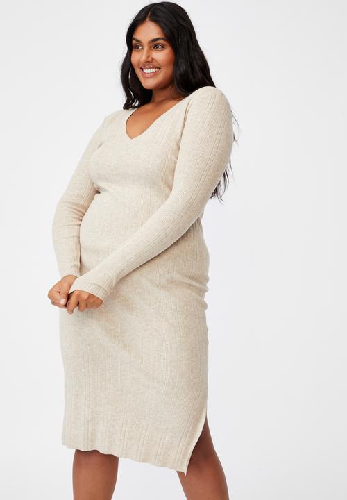 Cotton On - Curve emily long sleeve midi split dress - taupe marle