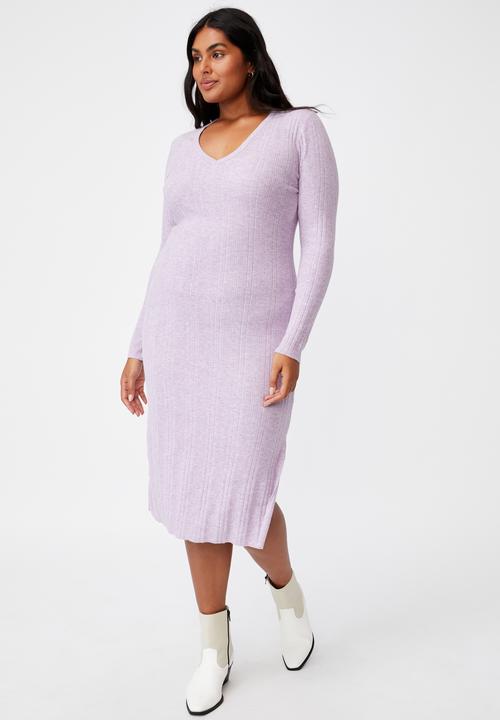Cotton On - Curve emily long sleeve midi split dress - lilac bloom marle