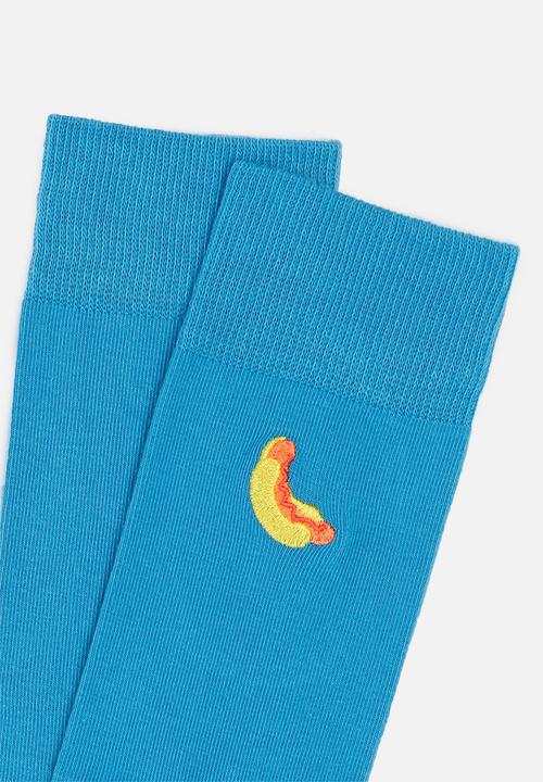 Happy Socks - Embroidery hot dog socks - blue & orange 