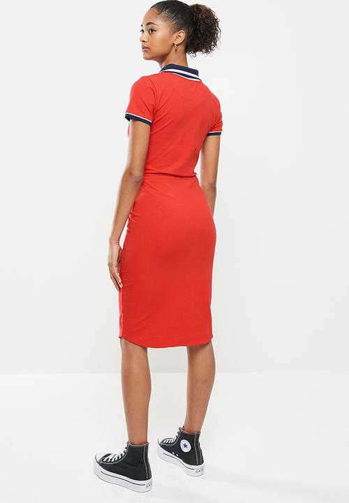 Aca Joe - Collared drawstring short sleeve dress - red