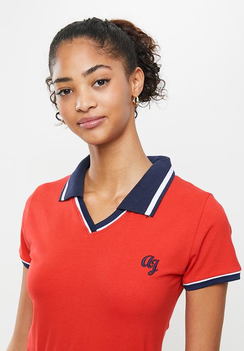 Aca Joe - Collared drawstring short sleeve dress - red