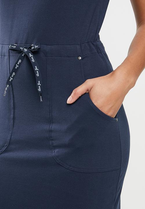 Aca Joe - Collared drawstring short sleeve dress - navy