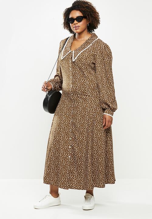 Me&B - Plus dropped collar prairie dress - brown