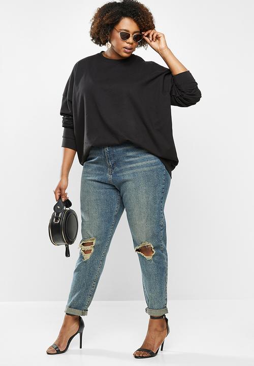 Missguided - Plus distressed turn up hem mom jean - blue