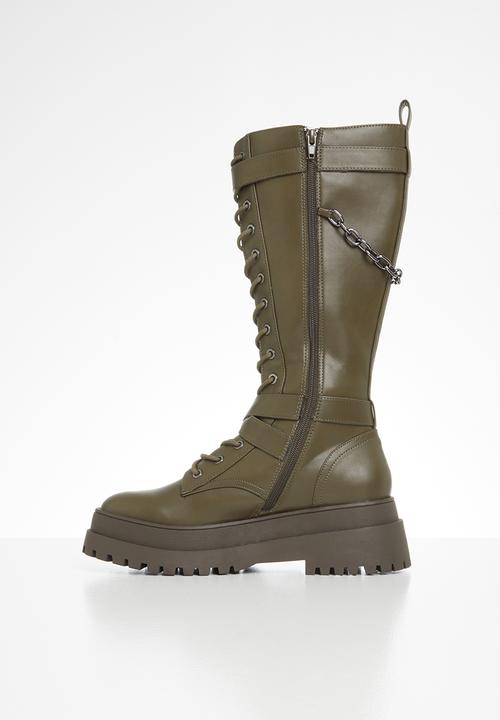 Public Desire - Amari lace up chunky knee high boot - olive