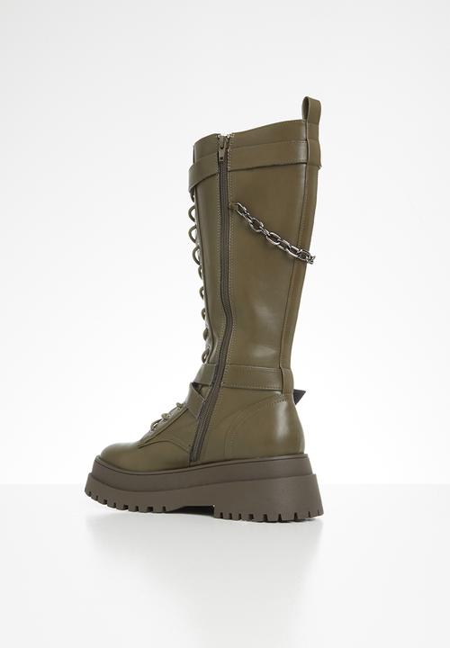 Public Desire - Amari lace up chunky knee high boot - olive