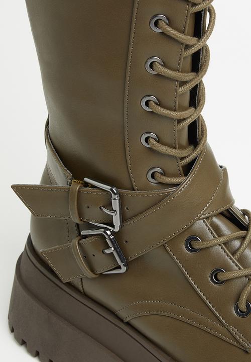 Public Desire - Amari lace up chunky knee high boot - olive