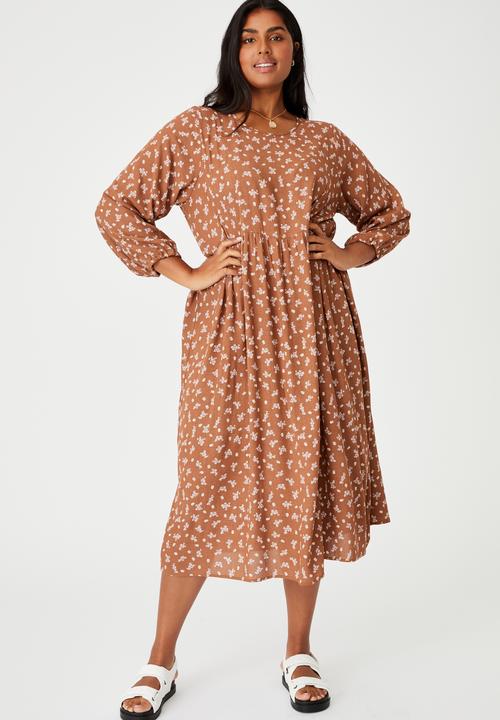 Cotton On - Curve good times babydoll 3/4 sleeve maxi dress - riddle ditsy leaf brown