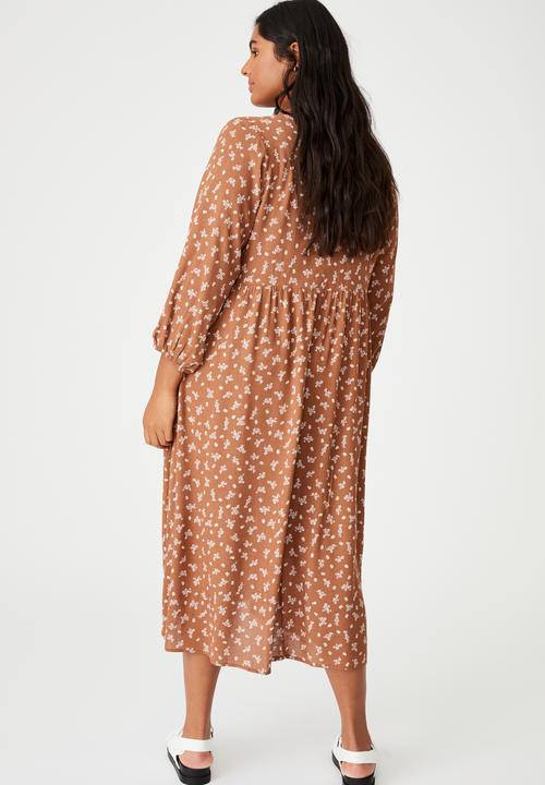Cotton On - Curve good times babydoll 3/4 sleeve maxi dress - riddle ditsy leaf brown