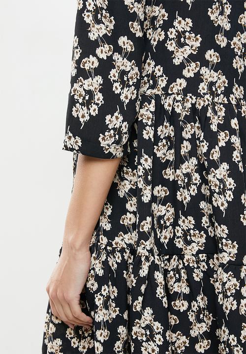 Me&B - Button-through tier dress - black & beige 