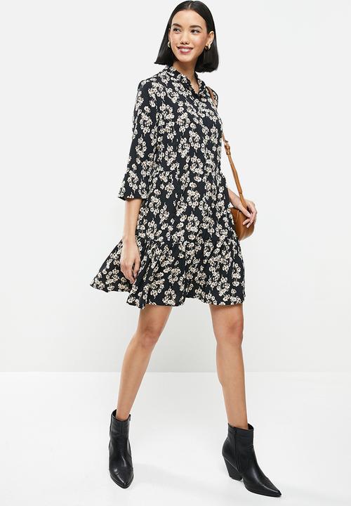 Me&B - Button-through tier dress - black & beige 