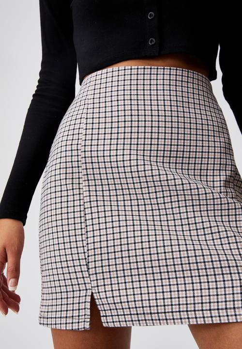 Factorie - Double split mini skirt - millie gingham fawn