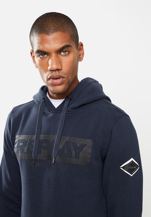 Replay - Replay label print hoodie - navy
