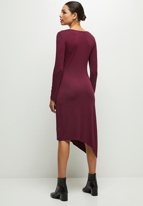 edit - Long sleeve asymmetric hem slash neck midi - burgundy