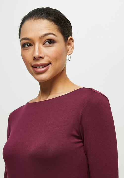 edit - Long sleeve asymmetric hem slash neck midi - burgundy