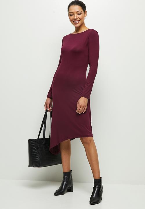edit - Long sleeve asymmetric hem slash neck midi - burgundy