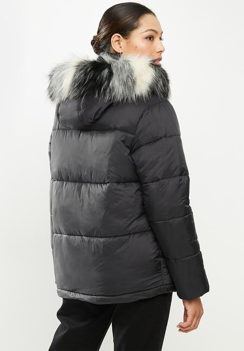 Missguided - Cire stripe fur hooded puffer - black