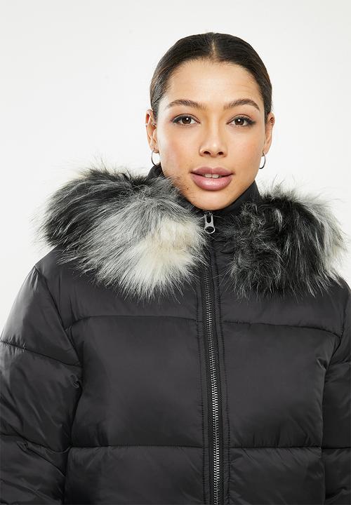 Missguided - Cire stripe fur hooded puffer - black