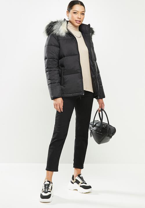 Missguided - Cire stripe fur hooded puffer - black