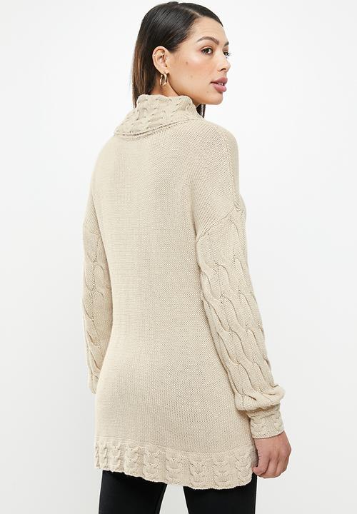 POLO - Esther ribbed polo/cable sleeve - stone