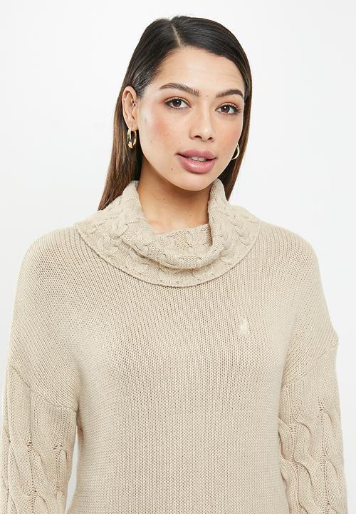 POLO - Esther ribbed polo/cable sleeve - stone