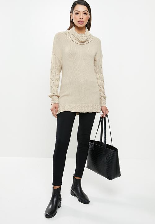 POLO - Esther ribbed polo/cable sleeve - stone
