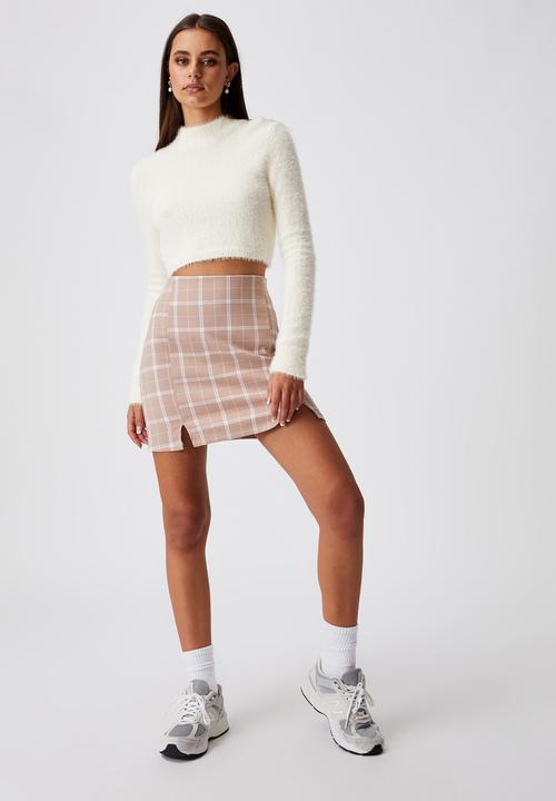 Factorie - Double split mini skirt - taya check fawn